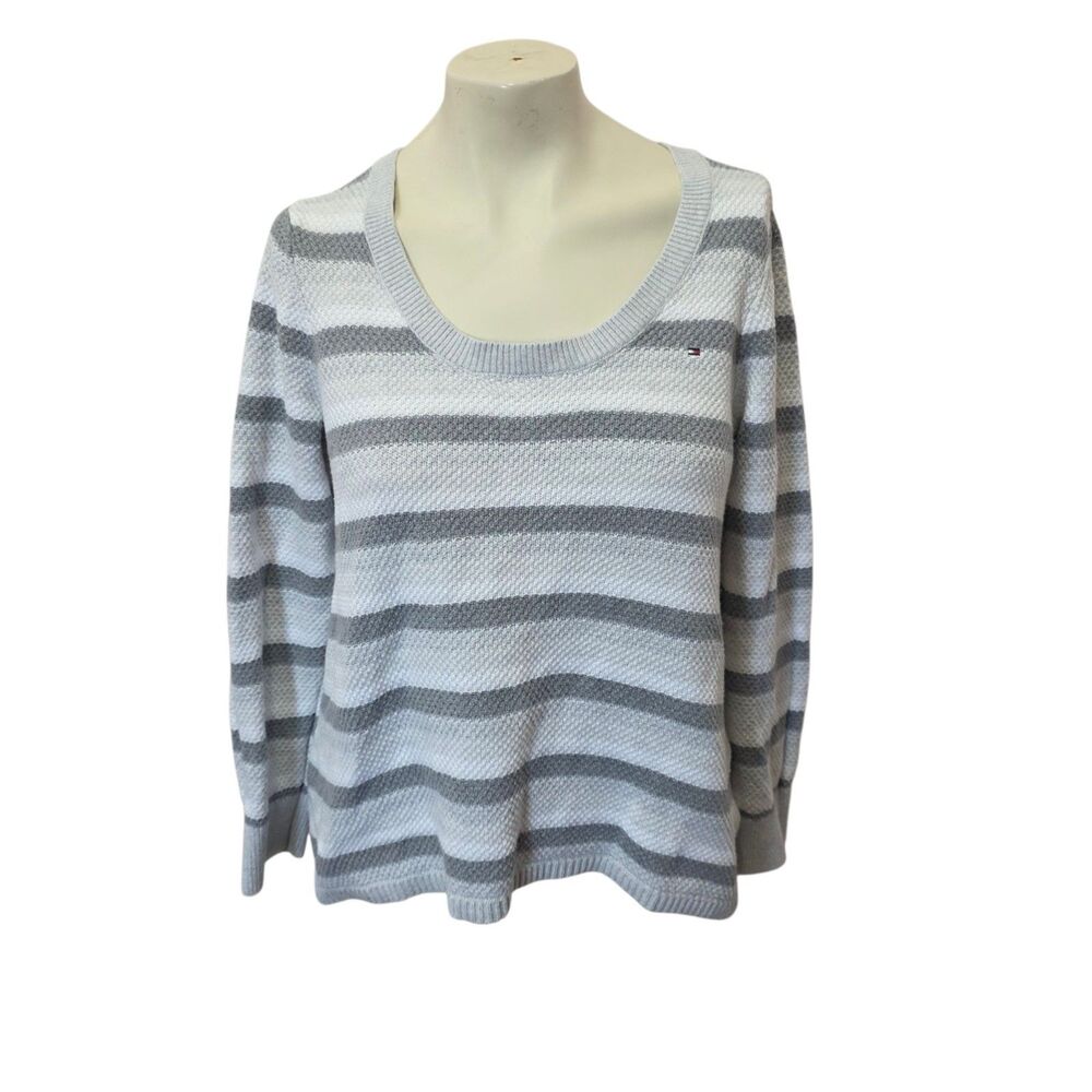Tommy Hilfiger Women’s Medium Gray White Stripe Cotton Knit Scoop Sweater